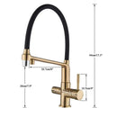 Modern brushed gold swivel kitchen faucet with black rubber hose