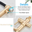 Modern brushed gold swivel kitchen faucet with black rubber hose