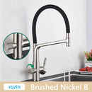 Modern brushed gold swivel kitchen faucet with black rubber hose