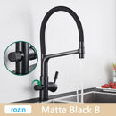 Modern brushed gold swivel kitchen faucet with black rubber hose