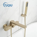 Modern brushed gold wall mounted waterfall bathtub set with handheld