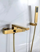 Modern brushed gold wall mounted waterfall bathtub set with handheld
