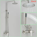 Modern brushed nickel rainfall shower system with handheld bathroom spray