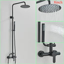 Modern brushed nickel rainfall shower system with handheld bathroom spray