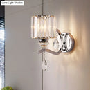 Modern chrome cylinder wall light with crystal block bedroom sconce