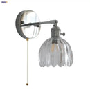 Modern chrome ribbed clear glass wall lamp bedroom pull chain light