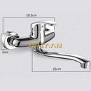 Modern chrome wall mounted kitchen tap with curved spout