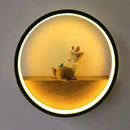 Modern circular black wall light with decorative deer living room