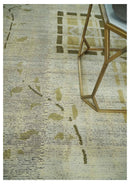 Modern Geometrical 4.6x6.6 Olive, Ivory and Charcoal Floral Hand Knotted Wool and Silk Area Rug
