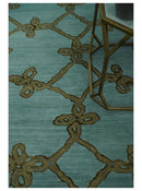 Modern Geometrical Aqua, Camel and Charcoal 6x9 Hand loom Wool and Art Silk Area Rug