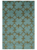 Modern Geometrical Aqua, Camel and Charcoal 6x9 Hand loom Wool and Art Silk Area Rug