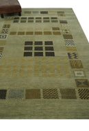 Modern Geometrical Green, Charcoal and Brown Hand loom 5x8 wool Area Rug