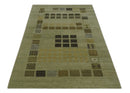 Modern Geometrical Green, Charcoal and Brown Hand loom 5x8 wool Area Rug