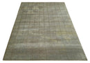 Modern Geometrical Ivory, Brown and Olive 5x8 Hand Knotted Wool and Silk Area Rug