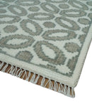 Modern Geometrical Ivory, Teal and Brown Hand Knotted 8x10 wool Area Rug