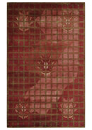 Modern Geometrical Maroon, Green and Ivory Hand knotted 5x8 wool and Art Silk Area Rug