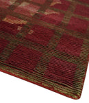 Modern Geometrical Maroon, Green and Ivory Hand knotted 5x8 wool and Art Silk Area Rug