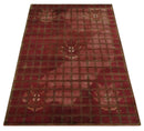 Modern Geometrical Maroon, Green and Ivory Hand knotted 5x8 wool and Art Silk Area Rug