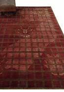 Modern Geometrical Maroon, Green and Ivory Hand knotted 5x8 wool and Art Silk Area Rug