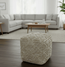 Modern Geometrical Natural Brown and Ivory Design Jute and wool Pouf
