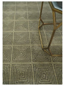 Modern Geometrical Olive and Charcoal Hand loom 5x7 Wool and Art Silk Area Rug