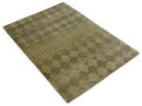 Modern Geometrical Olive, Charcoal and Silver Hand knotted 4.8x6.5 Bamboo Silk Area Rug
