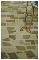 Modern Geometrical Olive, Green, Silver and Beige Hand knotted 5x8 wool Area Rug