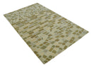 Modern Geometrical Olive, Green, Silver and Beige Hand knotted 5x8 wool Area Rug