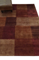 Modern Geometrical Square Shades of Brown Hand Knotted Stripes texture 4.6x6.6 wool and art silk Area rug