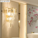 Modern gold 3-headed crystal wall sconce bedroom 15 inch fixture