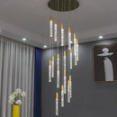 Modern gold and crystal cylindrical stair chandelier living room