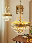 Modern gold crystal water drop chandelier foyer pink glass beads