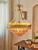 Modern gold crystal water drop chandelier foyer pink glass beads