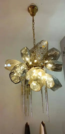 Modern gold flower glass shades led chandelier stairs hanging lamp