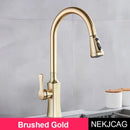 Modern gold single handle kitchen faucet with pull down sprayer