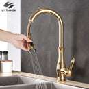 Modern gold swivel kitchen faucet with pull down sprayer