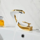 Modern gold & white bathroom basin faucet with curved spout
