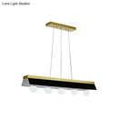 Modern gold & wood pendant light with black & white shade dining room