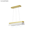 Modern gold & wood pendant light with black & white shade dining room
