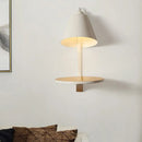 Modern gray tapered shade wall sconce with wooden shelf bedroom light