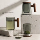 Modern green & gray glass tea cup with wood handle kitchen set
