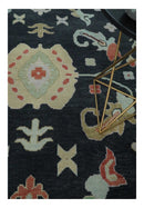 Modern Hand Knotted Black and Multicolor 4x15 Traditional Oushak Wool Rug