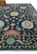 Modern Hand Knotted Black and Multicolor 4x15 Traditional Oushak Wool Rug