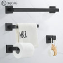 Modern matte black bathroom hardware set with square towel rail
