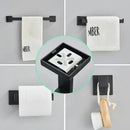 Modern matte black bathroom hardware set with square towel rail