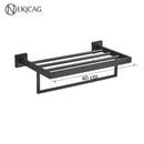 Modern matte black bathroom set with towel rack and gold rod accessories