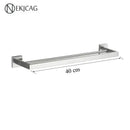 Modern matte black bathroom set with towel rack and gold rod accessories