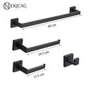 Modern matte black bathroom set with towel rack and gold rod accessories