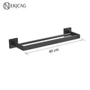 Modern matte black bathroom set with towel rack and gold rod accessories