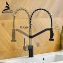 Modern matte black brass kitchen faucet with pull down sprayer
